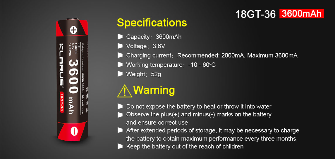 Klarus 18650, 18GT-36 Lithium Ionen Akku